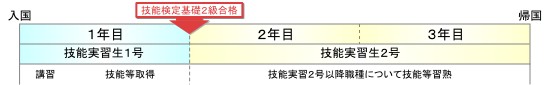 1年目：技能実習1号（技能等の取得）。2,3年目：技能実習2号（技能実習2号移行職種について技能等習熟）